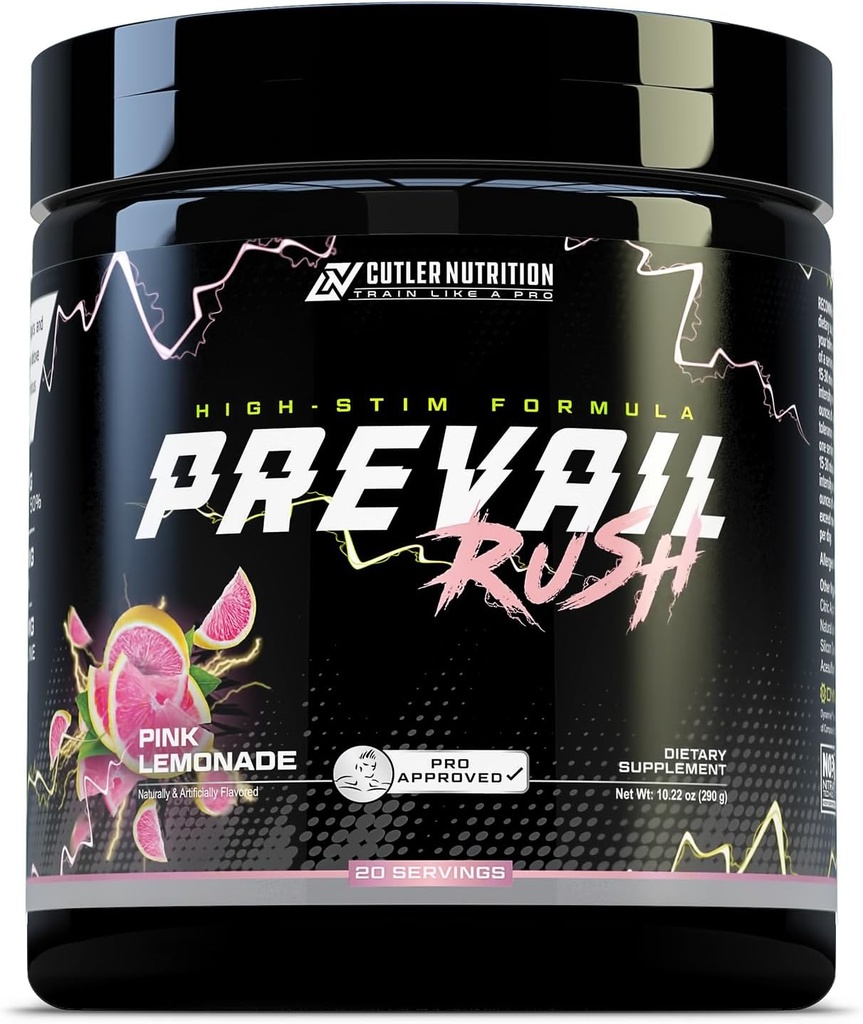 Cutler Nutrition High Stim Pre Workout pulbere Prevail Rush Preworkout pentru bărbați și femei pentru pompe intensive Energie și Focus cu cafeina NO3T Betaina și dinamină Lemonada roz (20 serviri)