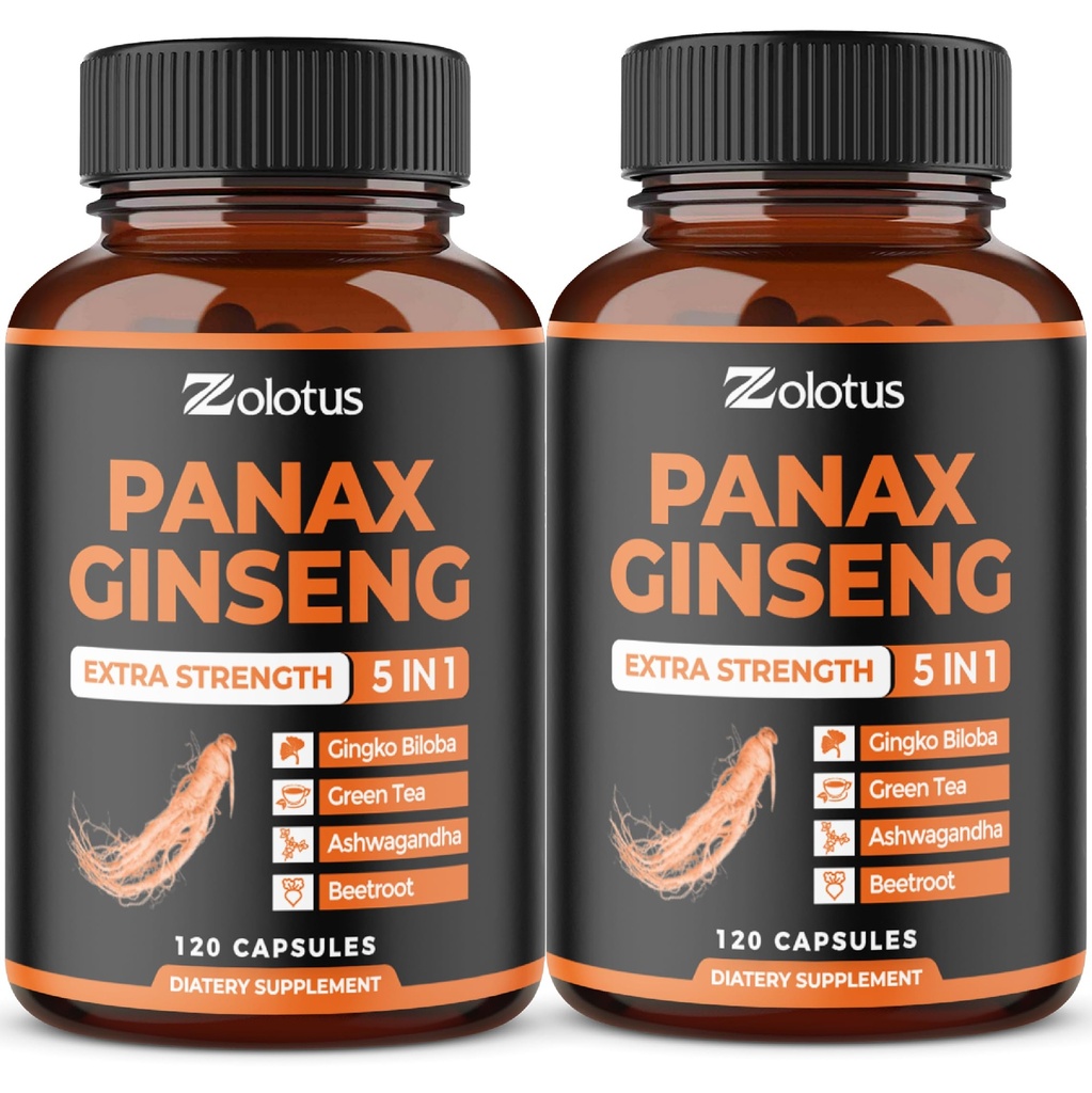 Zolotus Korean Red Panax Ginseng + Ginkgo Biloba, Ashwagandha, Beetroot, Ceai Verde - 120 capsule (Pachet de 2)