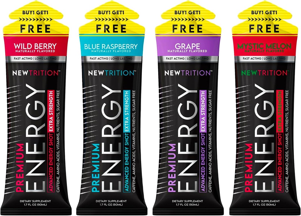 NewTrition® Extra Force Energy Shots, 250 mg Cafeine Energy with Vitamin B & Amino Acids, Sugar-Free Vitamine Energy Shot, Zero Calorie Focus & Stamina Booster, 1.7 floz (Pachet de 4, 4 arome-amestecat-1)