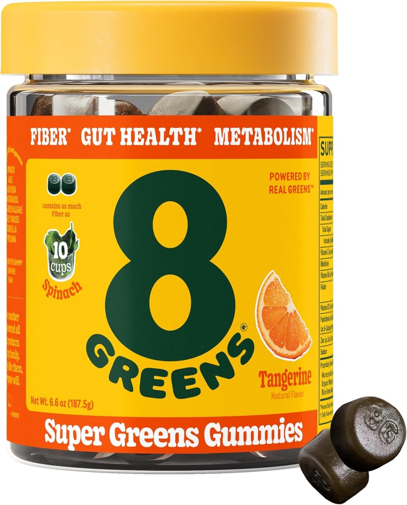8Greens Fiber Super Greens Gummies  Digestive Health, Boost Immune System & Digestive Health with 8 Real Greens - Non-GMO Formula, Gummy, Tangerine Flavor, 50 Count