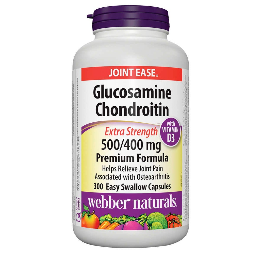 Webber Naturals Glucosamină Chondroitin cu vitamina D3, rezistență suplimentară, 500/400 mg, Formula Premium, 300 Capsule pentru înghiţire uşoară