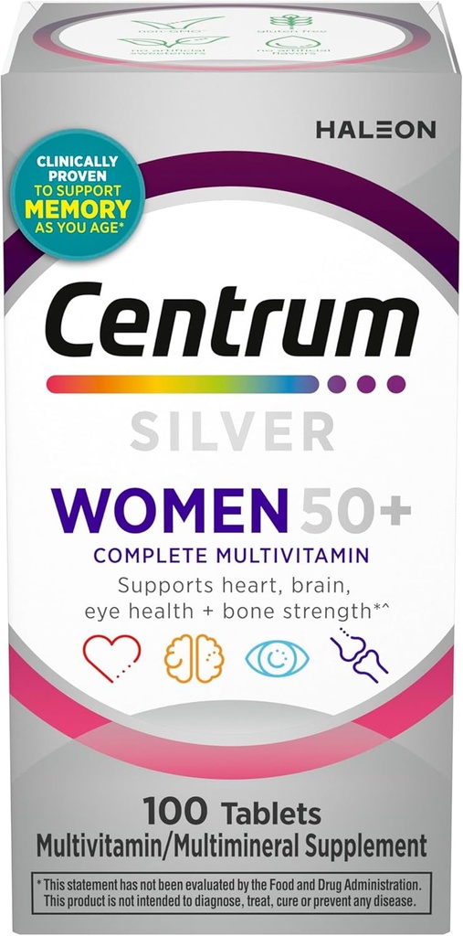 Multivitamine pentru femei Centrum Silver 50 Plus, Multivitamine/Multimineral Supliment cu vitamina D3, B Vitamine, Ingrediente non-GMO, Suporturi Memorie si Cognitie la adulti mai in varsta - 100 Ct