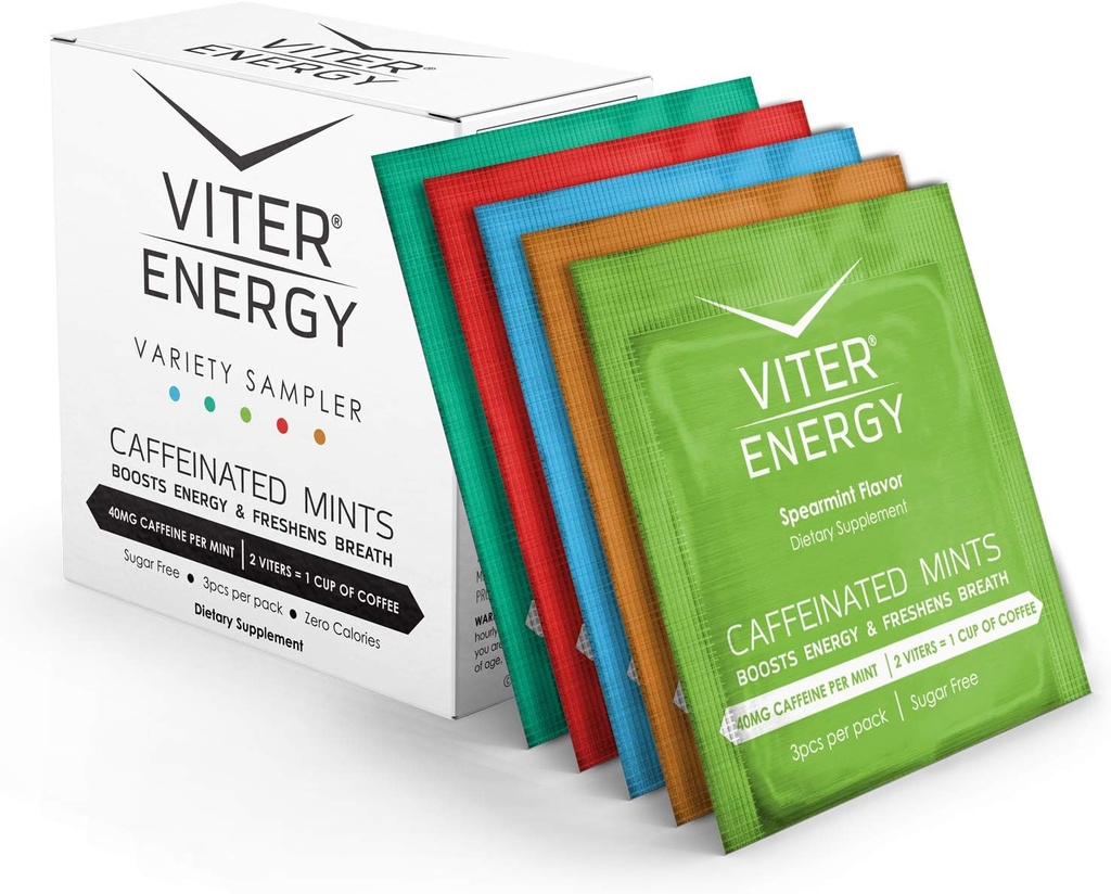 Viter Energy Cafeina menta 40mg Cafeina, B Vitamine, Sugar Free. (Variety, 3pcs, 5 Pack)