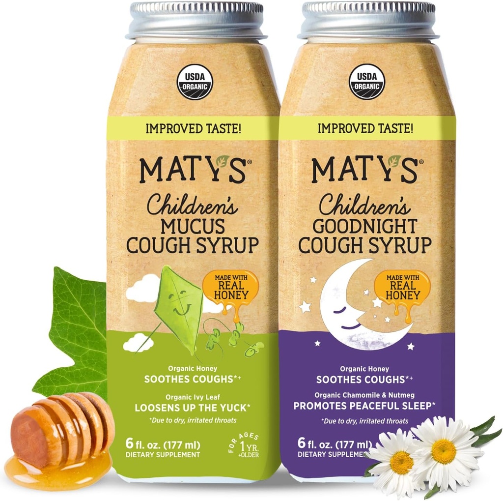 Matys Organic Kids Tuse Sirop Mucus & Nighttime Value Pack pentru copii 1 an + sus, Soothing All-in-One Tuse și Mucus Relief w/Zinc & Organic Ivy Leaf, Melatonina & Die Free, 2 Pack, 6 Fl Oz Each