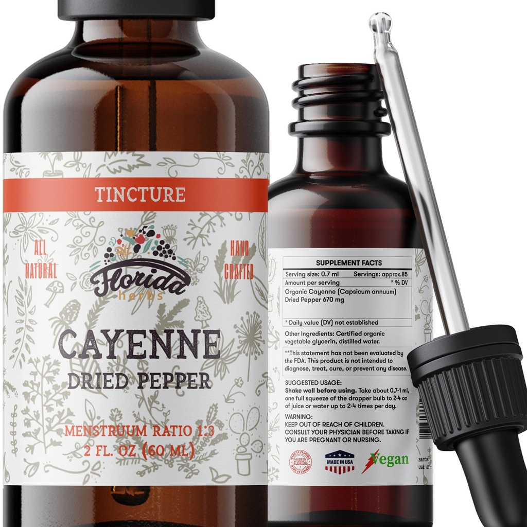 Cayenne Tincture Extract, Organic Cayenne (Capsicum annuum) Pepper uscat - Glicerină vegetală - Non-GMO - 2 oz