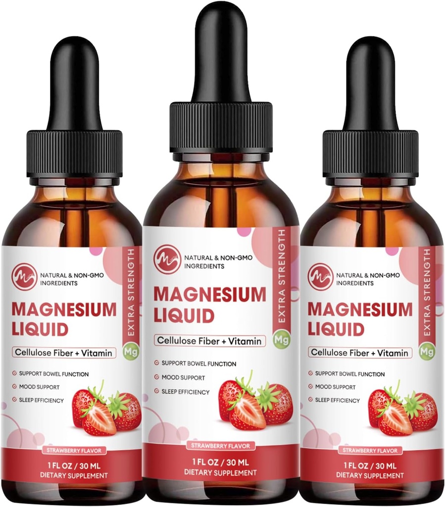 (3 ambalaj) Picături lichide cu glicinat de magneziu, lichid de magneziu cu absorbţie ridicată, cu bromelain, vitamina B6 C D, supliment de magneziu pentru copii şi adulţi, suport de noapte şi musculare, aromă de căpşuni