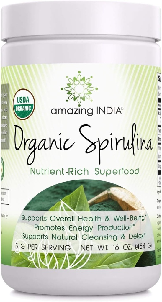 Amazing India Organic Spirulina Powder (Non-GMO) 16 oz (454 gm) - Suportă Regenerarea celulelor, Imuna Sănătate, Detoxifiere și Sănătate generală