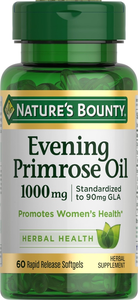 Nature's Bounty Primrose Oil 1000mg, Promovează Sănătatea femeii, Suplimentul Herbal, Gluten gratuit, 60 Rapid de eliberare Softgels