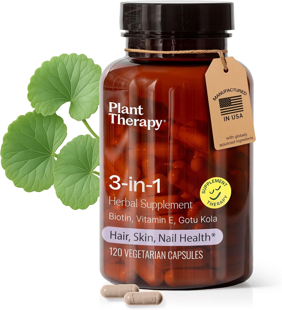 Terapia plantelor Capsulele de 3-in-1 Biotin cu vitamina E & Gotu Kola fabricate în Statele Unite ale Americii 4 luni de aprovizionare Suporturi pentru piele radiant, cresterea parului si unghii puternice Suplimente pentru femei 120 Capsule vegetariene