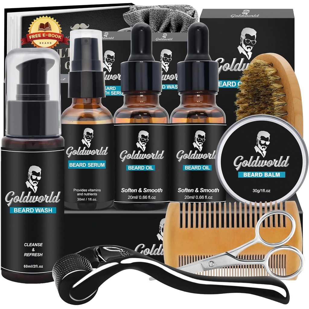 Beard Kit,Beard Grooming Kit w/Beard Wash/Shampoo,2 Packs Beard Oil,Bard Balm,Beard Wash,Brush,Comb,Scissor,Storage Bag,E-Book,Bard Care&Trimming Kit