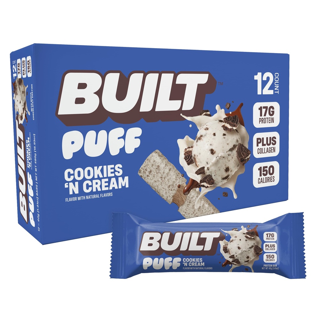 Built Bar, Puff Proteine Bars, Cookie-uri 'N Cream Puff, 17g Proteine Snacks, On-The-Go Bars, Doar 140 Calories, 7g Sugar, Colagen, Nu Gluten Free, 12 Conte