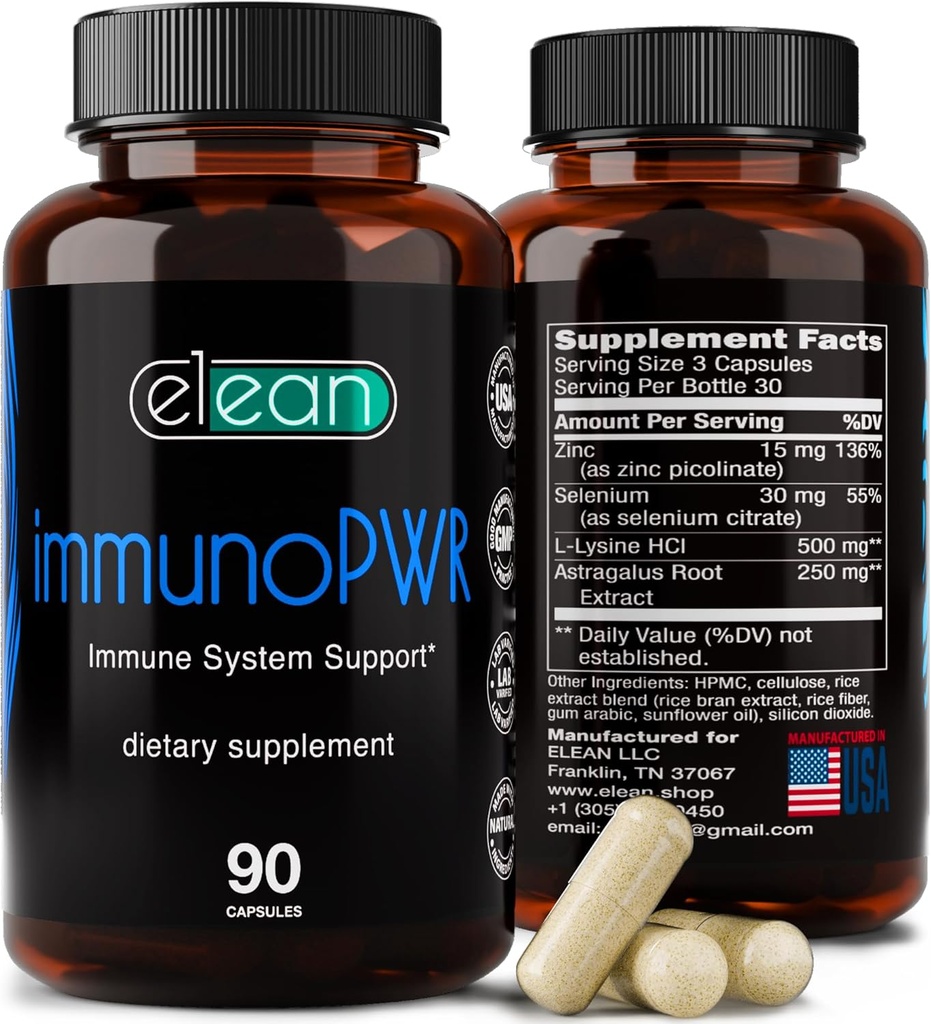ELEAN Immuno PWR- imbogatit cu zinc, seleniu, aminoacid Lysina si extract de root Astragalus pentru Sinteza colagenului, sanatate tiroidiana, suport mineral, energie si sanatate imuna 90 Veg capsule.