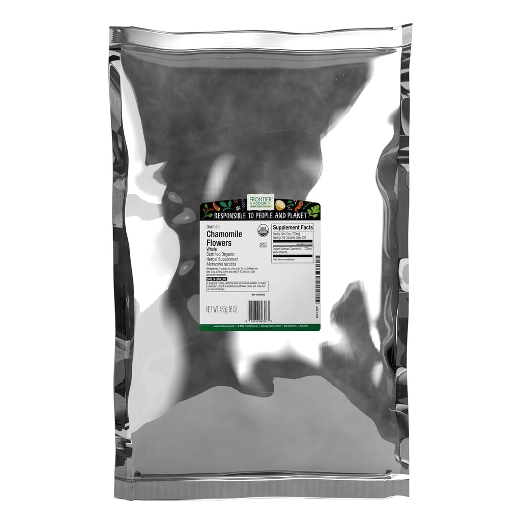 Frontier Co-op Organic Whole Chamomile Flori, Kosher, Bulk Herb - Uscat Mușețel Flori pentru ceai, Rețete de îngrijire a pielii naturale și mai mult 