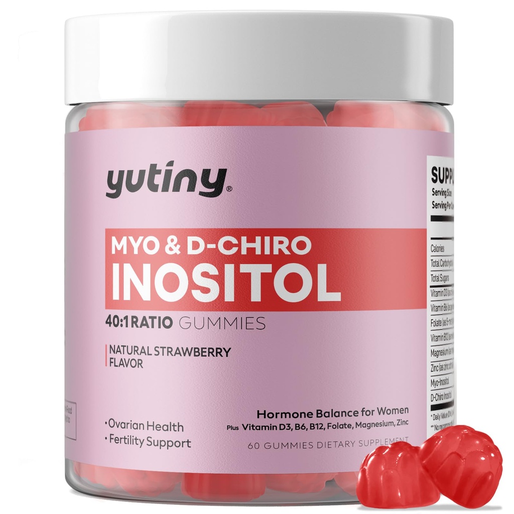 Myo-Inositol & D-Chiro Inositol Gummies, Vitamina B6 B12 & Folate for Women, Vegan, Sugar Free, Strawberry Flavor, 60 Count