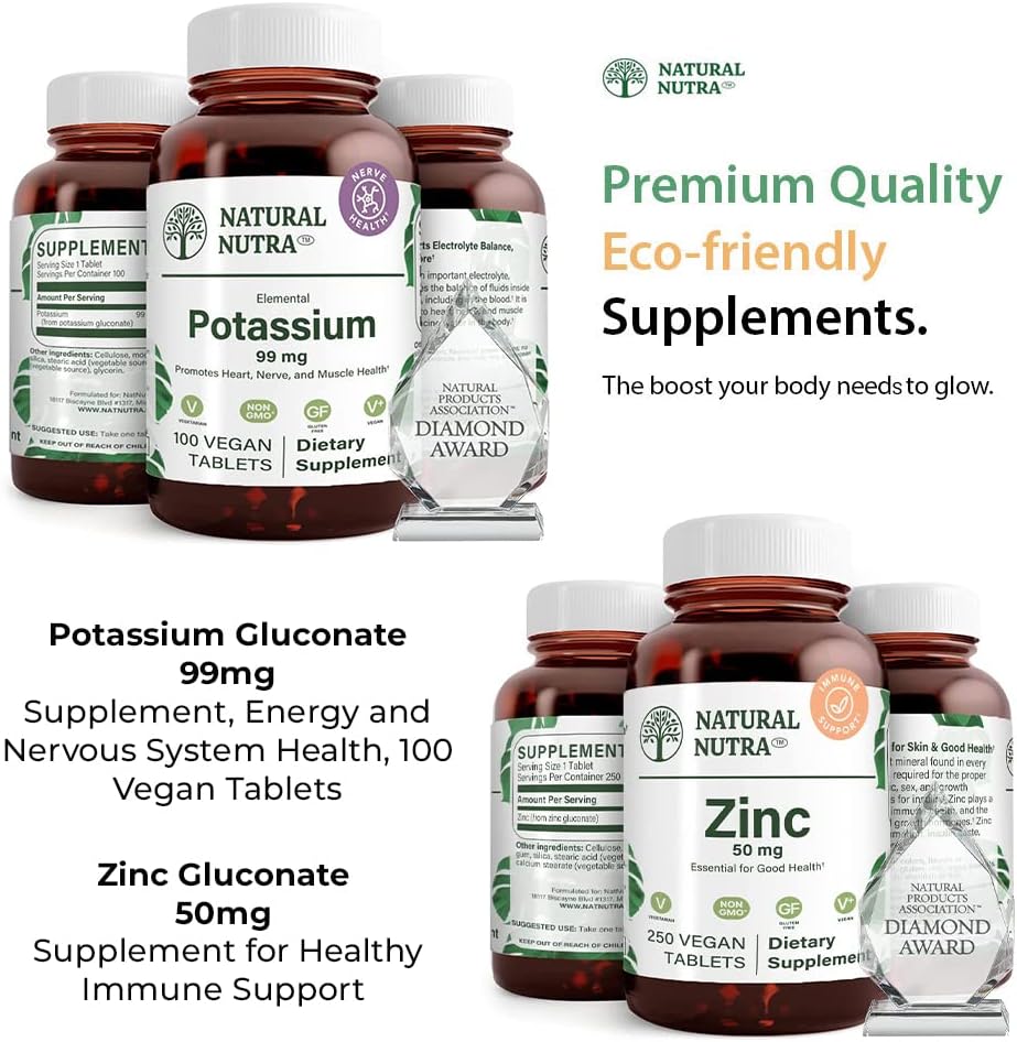 Nutra naturale Potasiu Gluconat 99 mg și zinc Gluconat 50 mg Suplimente ajută la menținerea imunitatea și nivelul de energie, gluten gratuit, esențiale pentru o sănătate bună.