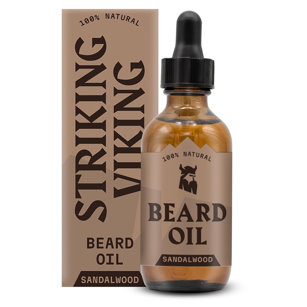 Viking Sandalwood Beard Oil for Men - 2 Fl Oz, Sandalwood Scent - Natural Hydrating & Softning Beard Care with Argan, Jojoba, Almond & Tea Tree - Non-Greasy, Fast-Absorbing Formula