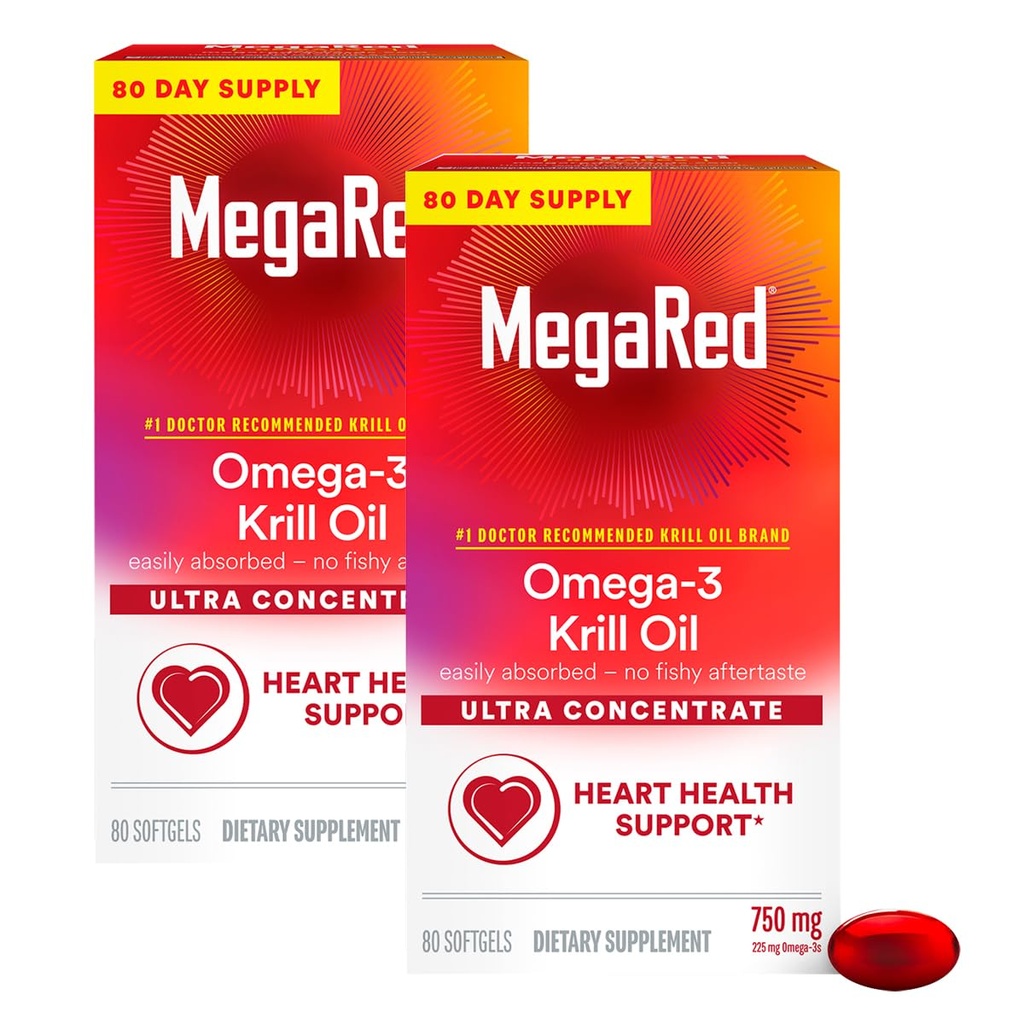 MegaRed Ultra concentrat 750mg Omega-3 Krill ulei Fatty Acid Supliment cu EPA/DHA, Antioxidant Astaxantină, Nici un ulei de pește Afterhastess Supports Heart Health, 80 Conte Softgels (2 ambalaj)