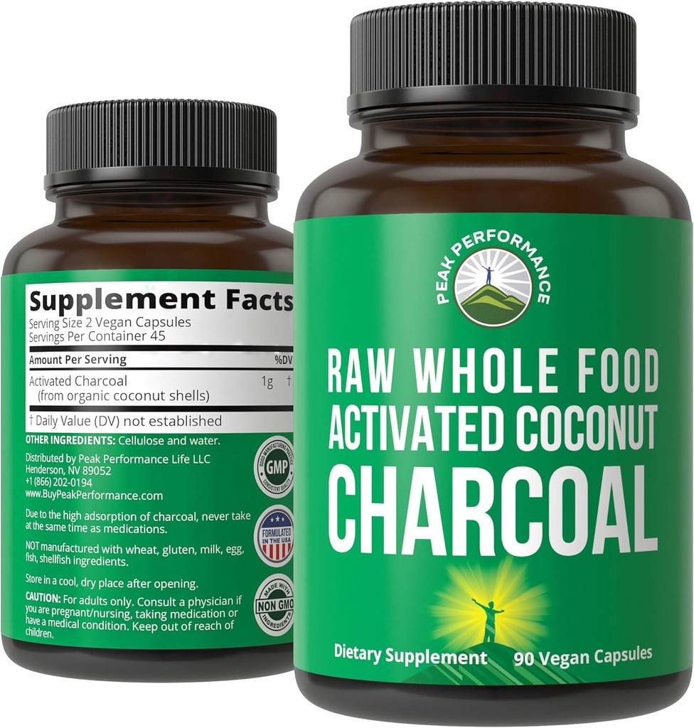 Performanță maximă Capsule Charcoal Vegan activate din Wild Harvested Coconut Shells. Cel mai bun supliment de pastile Charcoal sigure pentru detoxifiere, gaz de relief, balonare. pentru bărbați și femei 90 Toate tablete naturale
