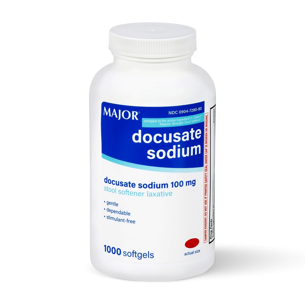DOCUSAT MAJOR Sodiu 100mg, Stool Softener Laxativ pentru Ocazional Constipație Relief - blând, de încredere, Stimulant-Free, 1000 Softgels