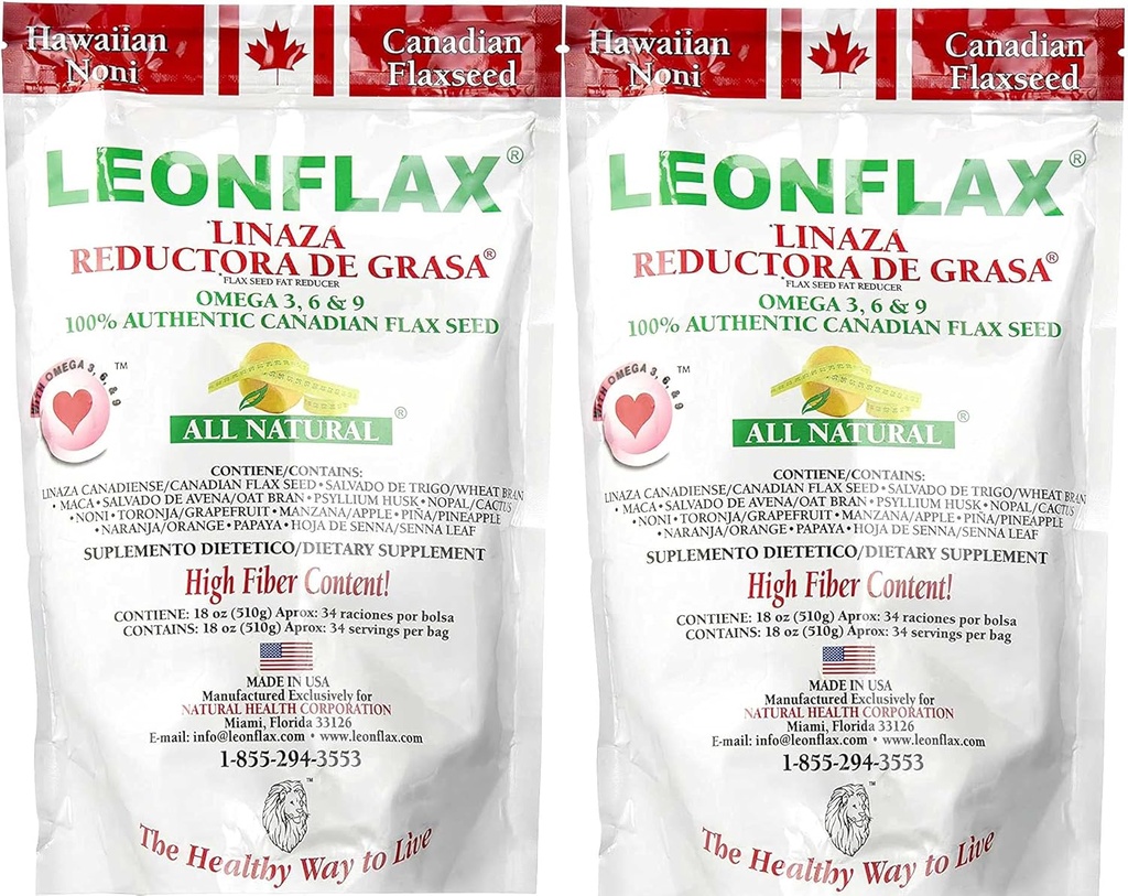 Leonflax 100% Authentic Canadian Flax Seed Powder, All Natural, High Fiber Content, Supliment alimentar pentru a îmbunătăți sănătatea dumneavoastră digestivă, Omega 3, 6 & 9, 18 Oz, sac (1) (2)
