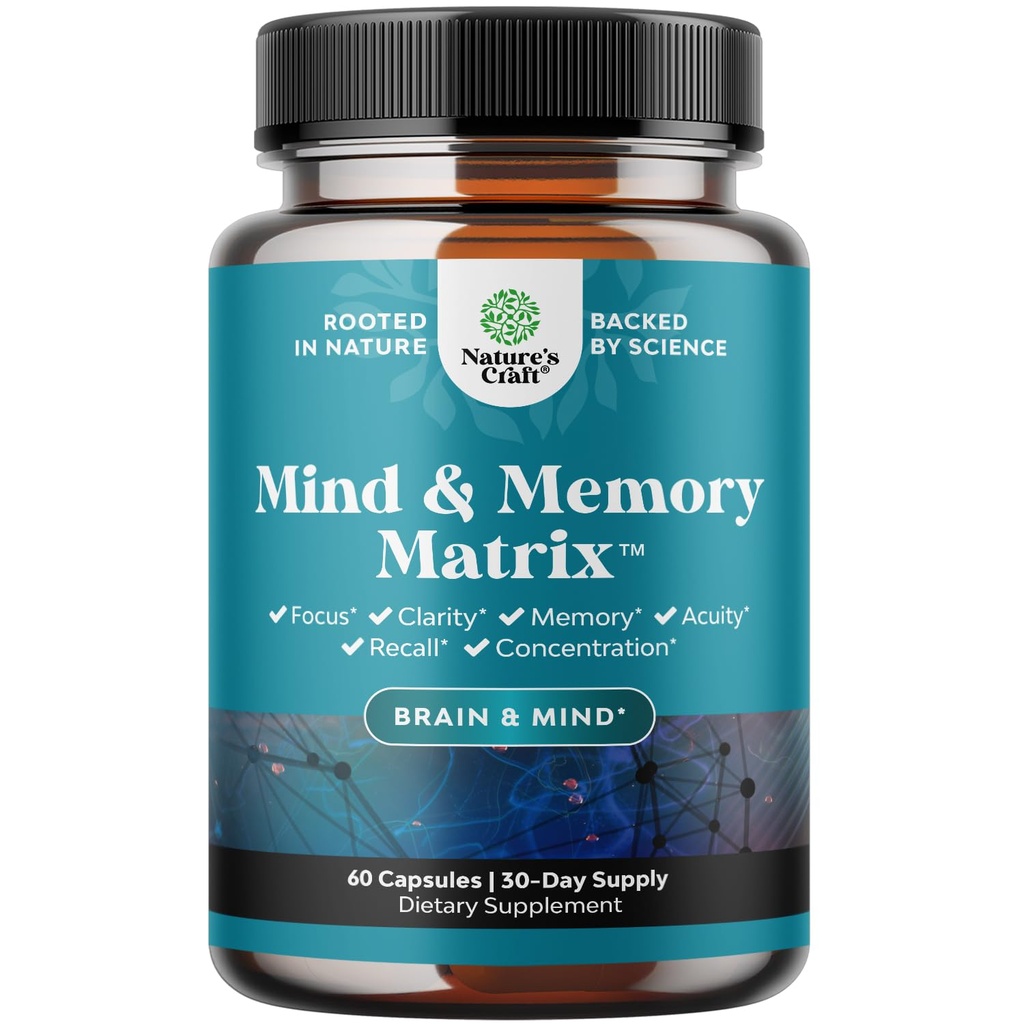 Suplimentul Nootropic la creier pentru memorie şi concentrare - Vitamine pentru sănătate mintală şi claritate cu VIT A, B6, Riboflavin, Niacin, Tiamin & Folate - Complex cognitiv pentru vitalitatea minţii - 60 Ct