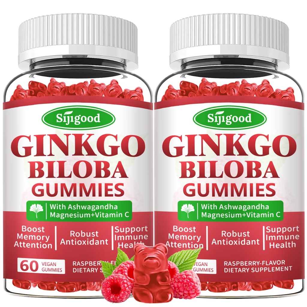 2 Pack Ginkgo Biloba Gummies cu Panax Ginseng și Magneziu, Ginkgo Biloba Suplimente pentru Focus, Memorie, și sănătatea creierului pentru adulți și copii, Vegan Aroma de zmeură Gummies, 120 Conte