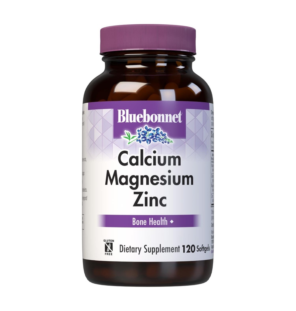 Bluebonnet Nutriție calciu magneziu Zinc Plus Vitamina D3, 1000 mg de calciu, 500 mg de magneziu și 15 mg de zinc, 400 UI vitamina D3, pentru oase puternice sănătoase *, Gluten-Fee, lactate-Fee, 120 softgel