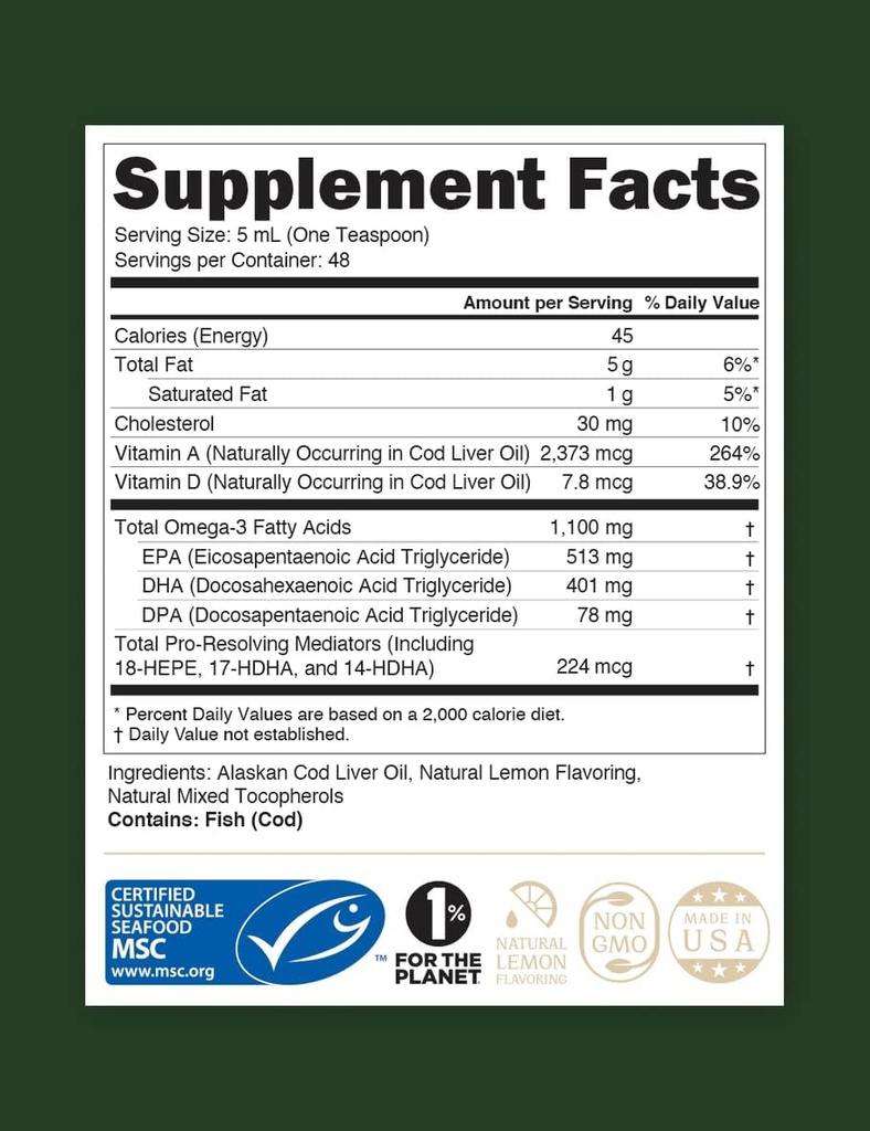 STEWARD - Cod lichid sălbatic capturat Alaska ulei de ficat de cod 8 oz. Omega-3's EPA, DHA, DPA și SPM + Vitamine naturale A & D