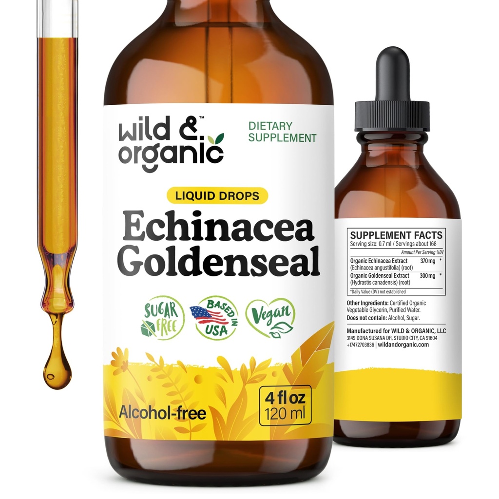 Echinacea salbatica si organica Tinctura Goldenseal - Picături de suport imun cu Echinacea si extract de root Goldenseal - Vegan, Sugar & Alcohol-Liquid Supplement - 4 fl oz