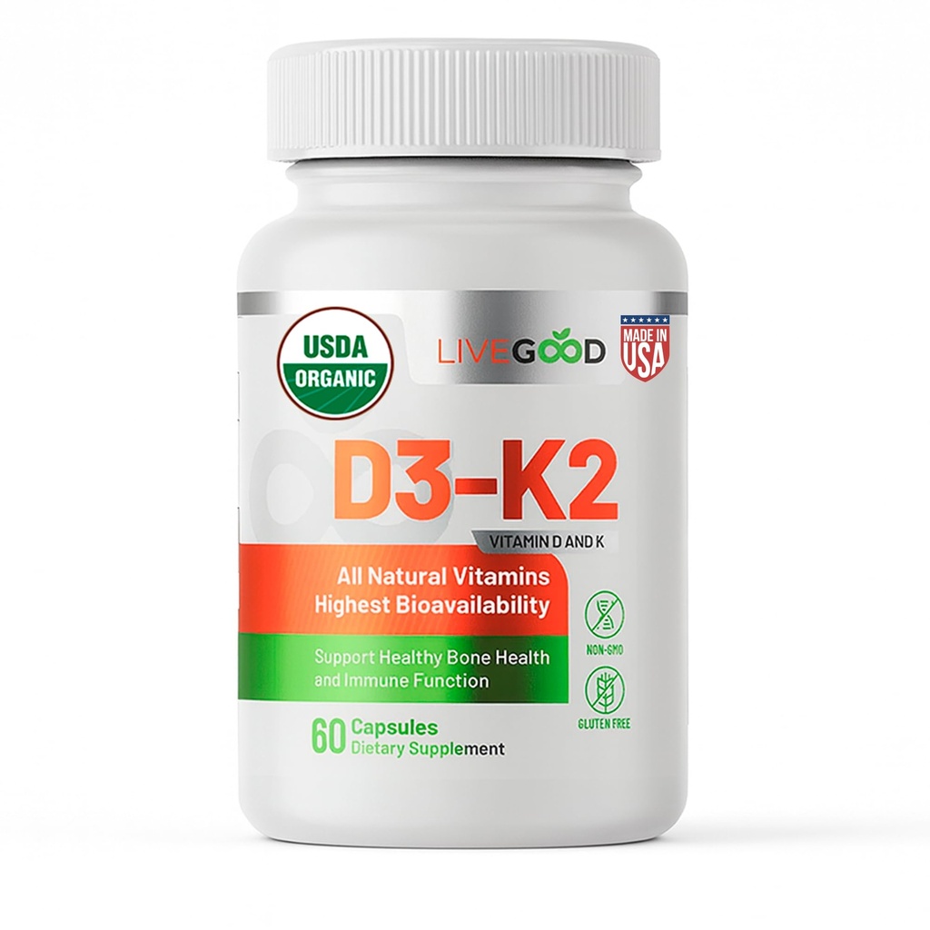 LIVEGOOD Organic D3 K2 Supliment 2000 UI, Capsule Vegane cu MK-7, Vitamina pură D3 cu K2 pentru Imun, și suport osos Made in the USA Organic D3 K2 Formula (60 Conte)