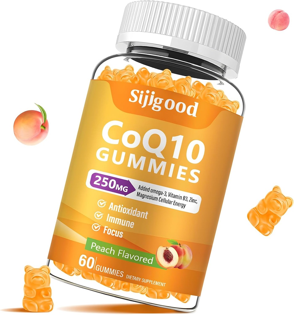 Sugar Free CoQ10 Gummies, Plus Omega-3, Vitamina B3 și Zinc, Magneziu, 5X Coenzime de înaltă absorbție Q10 Suplimente, q10 Boost Cellular Energy, Potent Antioxidant & Brain, Peach Flavor, 60 Cts