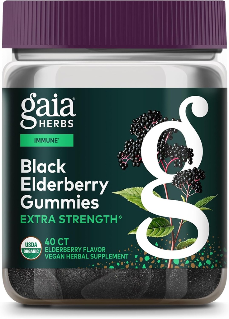 Gaia Herbs Black Elderberry (Sambucus Nigra) Extra Strength Gummies - Delicious Immune Support Supplement - Made with Certified Organic Black Elderberries for Immune System Support - 40 Gummies