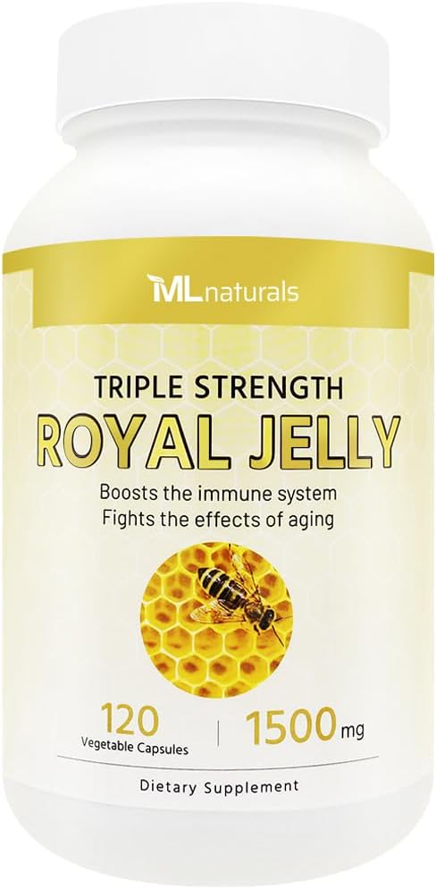 ML Naturals Royal Jelly 1500mg 120 Capsule vegetale, echivalent cu 6% (27mg) 10-HDA. Freeze-Dryd, Gluten Free, NSF-Certified & cGMP-Compliant