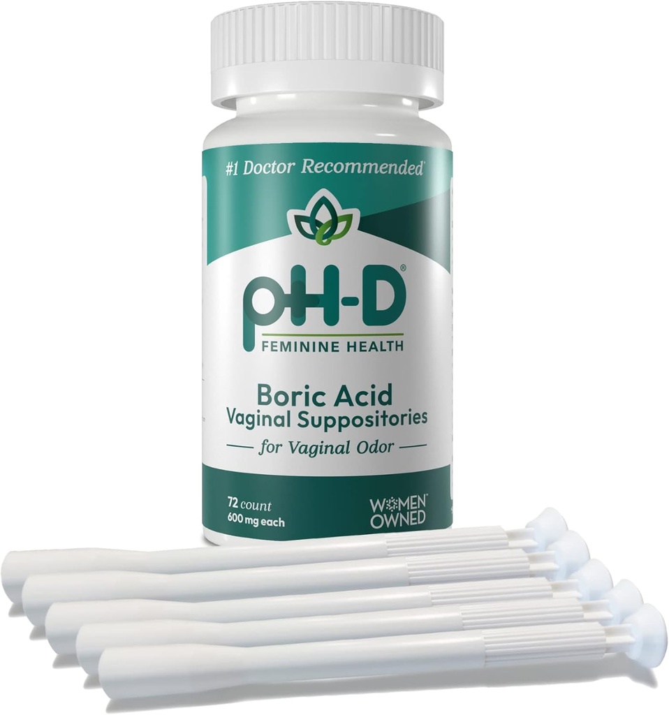 pH-D Suport pentru sănătate feminină - Boric Acid Starter Bundle - pH-D Acid boric Sacrificii vaginale 72 Conte și 5 aplicatoare supozitoare vaginale