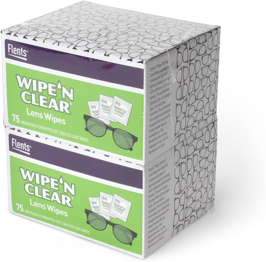 Flents Lens Wipes, Wipe 'N Clear, 150 Count, Pre-Moistened, Streak-Free, Seif pentru Ochelari, Ochelari de soare, Curăţenie blândă, Viziune clară, Înfăşurat individual pentru Travel & Convenience, Made in the USA