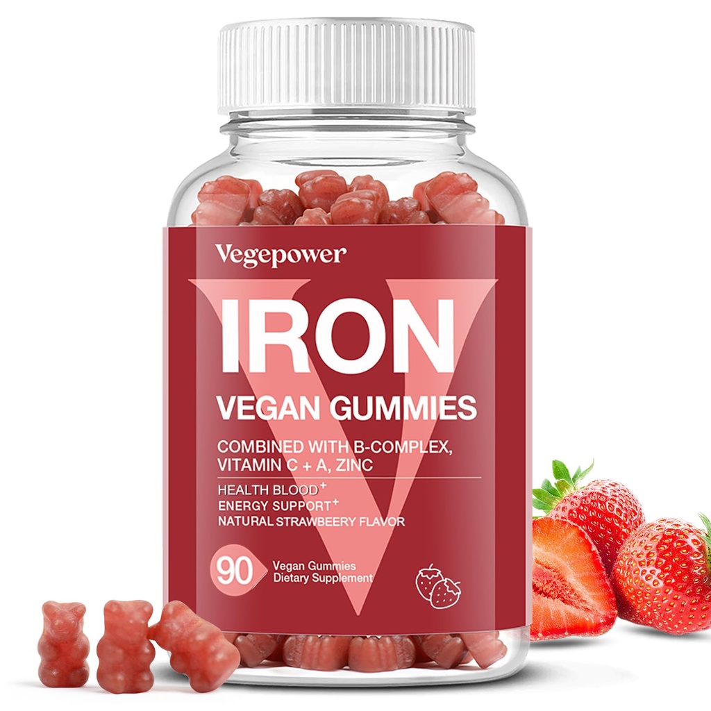 Gumiile de fier Suplimente pentru femei si copii - Multivitamine cu vitamina C pentru suport energetic, Vitamine Guma de fier de mare gustare cu vitamina C pentru absorbtie maxima - Vegan, capsuni 90 conte