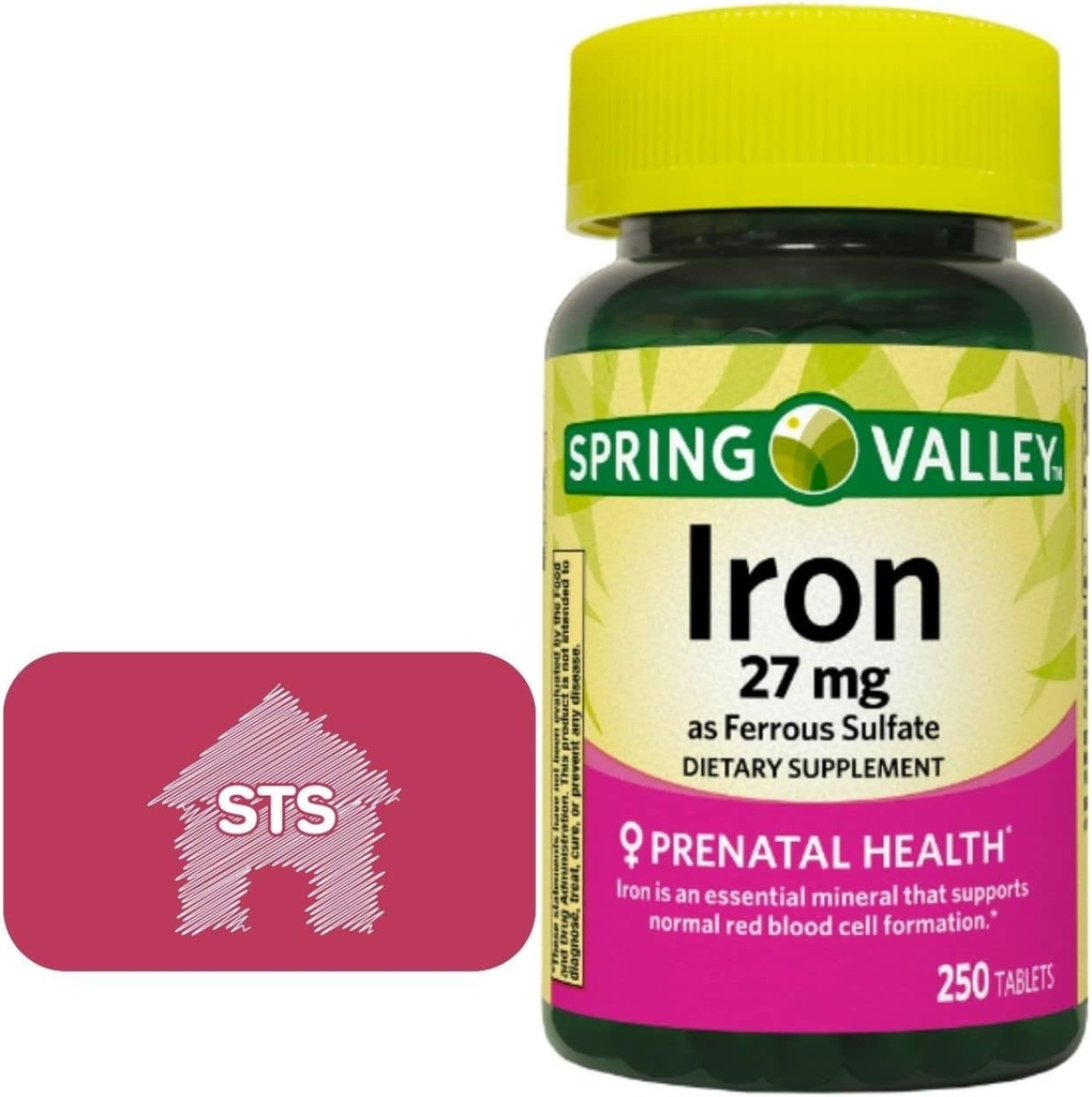 Spring Valley Iron sub formă de sulfat feros 27 mg, 250 Conte + autocolant STS Home.