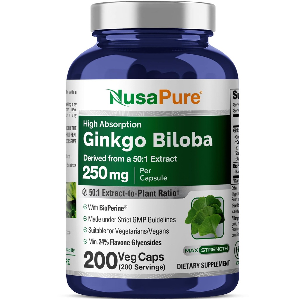 NusaPure Ginkgo Biloba 50:1 Extract, 250 mg echivalent cu 12,500 mg per Veggie Caps 200 capsule (vegetarian, non-GMO, Vegan) Bioperine