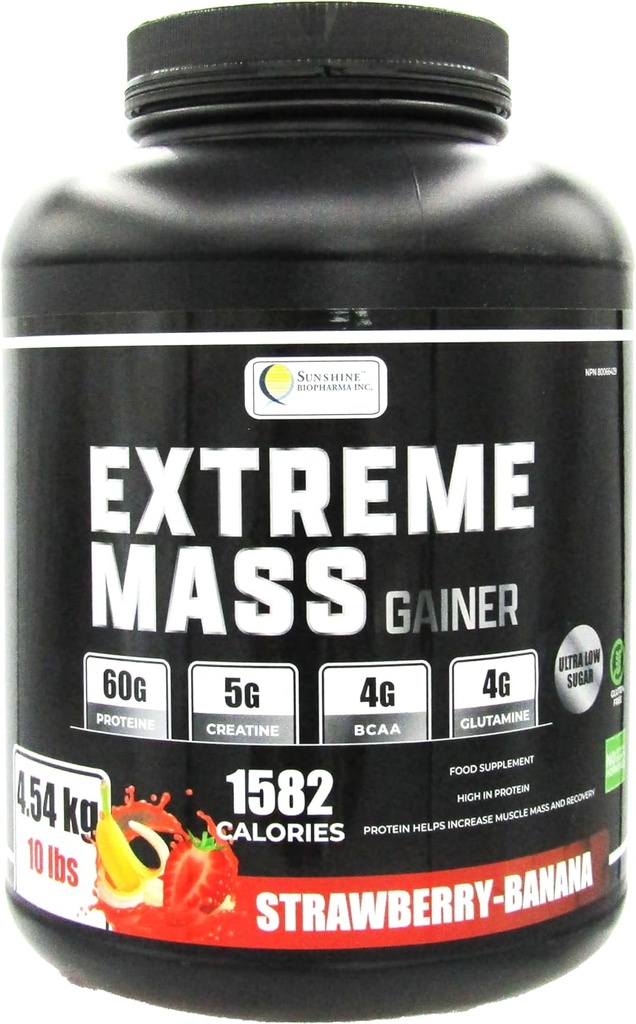Extreme Mass Greutate Gainer Constructor musculare, 10 lb (4.54 kg) cu mai puțin zahăr pentru antrenament intens Fabricat din calorie mare zer fortificat Proteina (Strawberry-Banana)