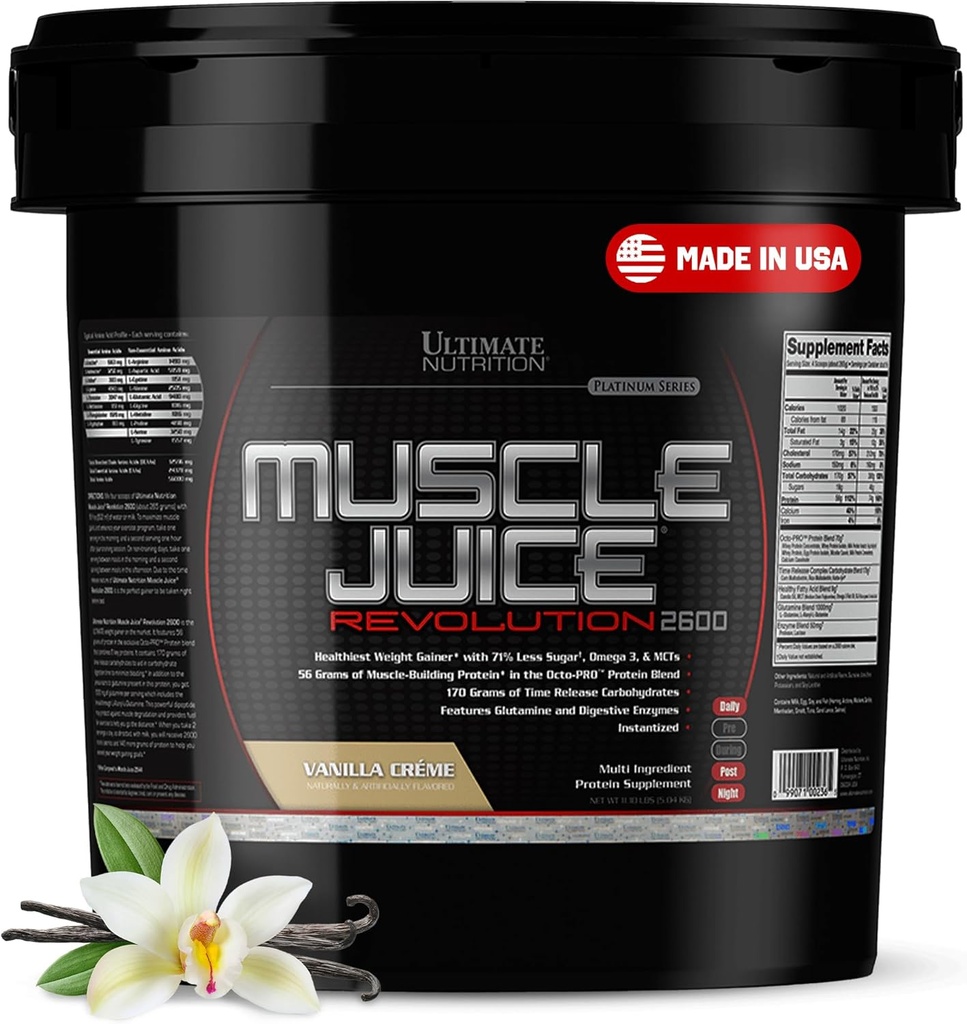 Ultimate Nutriție Musculare Juice 2600 Revoluție, Greutate Gain Drink Mix - Mass Gainer Antrenament pulbere Supliment pentru Lean musculare creștere și recuperare cu 56g proteine Blend - Vanilie, 11.105lb