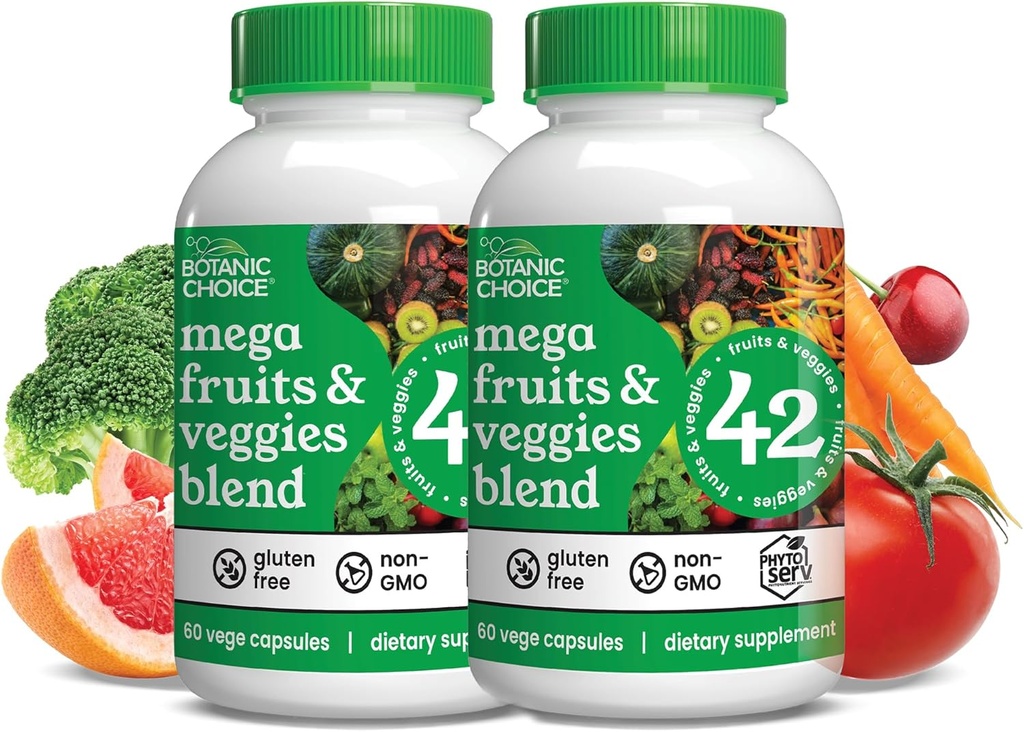 Alegerea botanică Mega fructe și legume Amestec total de 42 de fructe și legume, cum ar fi Elderberry, Chlorella, Kale energie echilibru și Superfood legume Suplimente pentru adulți - 2 ambalaj