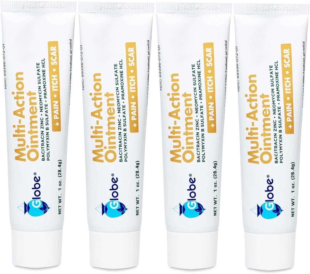 Globe (4 Pack) Primul ajutor Antibiotic Cicatrice Minimizarea durerii-Relief, Anti-Itch Ointment cu Neomicină, Bacitacin Zinc, Pramoxine HCl & Polymyxin B, pentru tăieturi minore, Scrapes & Burns