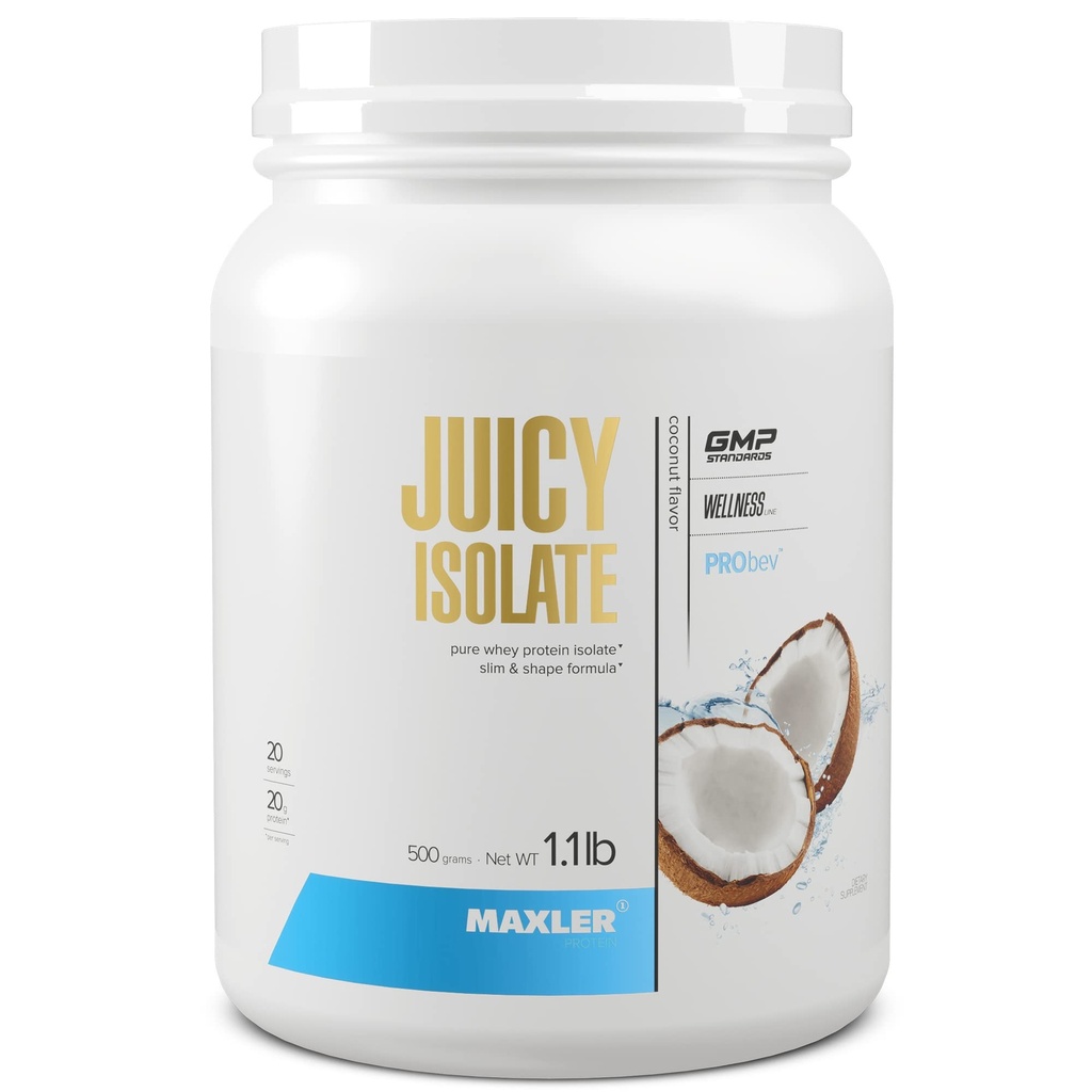 Maxler Juicy Izolat Pulbere de proteine - Clear Whey Izolat - Lactoză scăzută, Fat Free, Sugar Free Muscle Recovery Drink for Pre & Post Workout - 90% din proteine pe servire - Nucă de cocos 1.1 lb (20 Serviri)