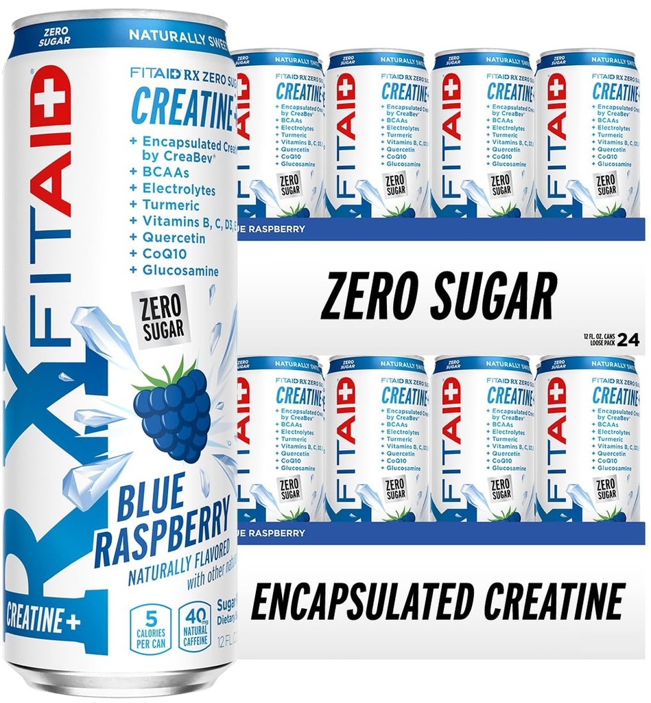 FITAID RX Zero Sugar, Incapsulat Creatina, Workout Recovery Drink, All-In-One Blend, BCAAs, Glucosamine, Turmeric, B-complex, Electroliti, Blue Raspberry, 12 Fl Oz (Pachet de 24)