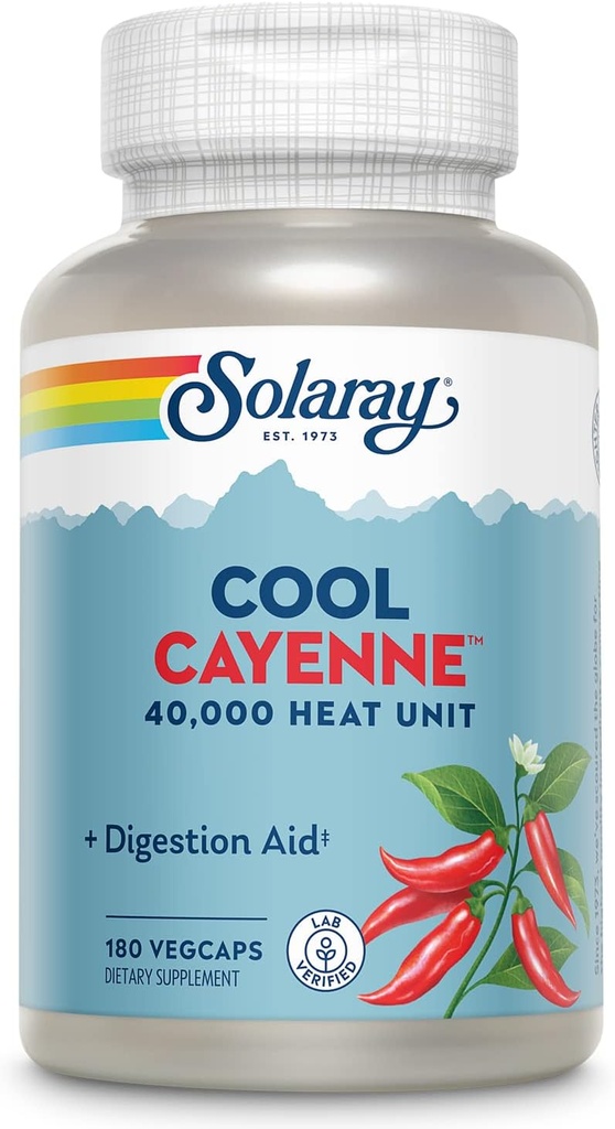 SOLARAY Cool Cayenne Pepper 40.000 HU, Cayenne Pepper Capsule, Digestion Aid, Bio-Cool Process, Lab Verified, 60-Dayenne Money-Back Garanție, 90 Servings, 180 VegCaps