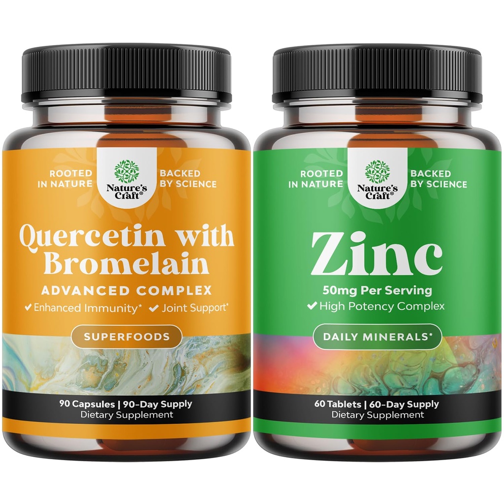 Bundle de Querbetin pur cu supliment de bromelain + capsule de 500 mg pentru suport imunitar & respirație și zinc 50 mg - Îmbunătățirea pielii și unghiilor parului - ușor de înghițit comprimate zilnice cu potențial pentru adulți