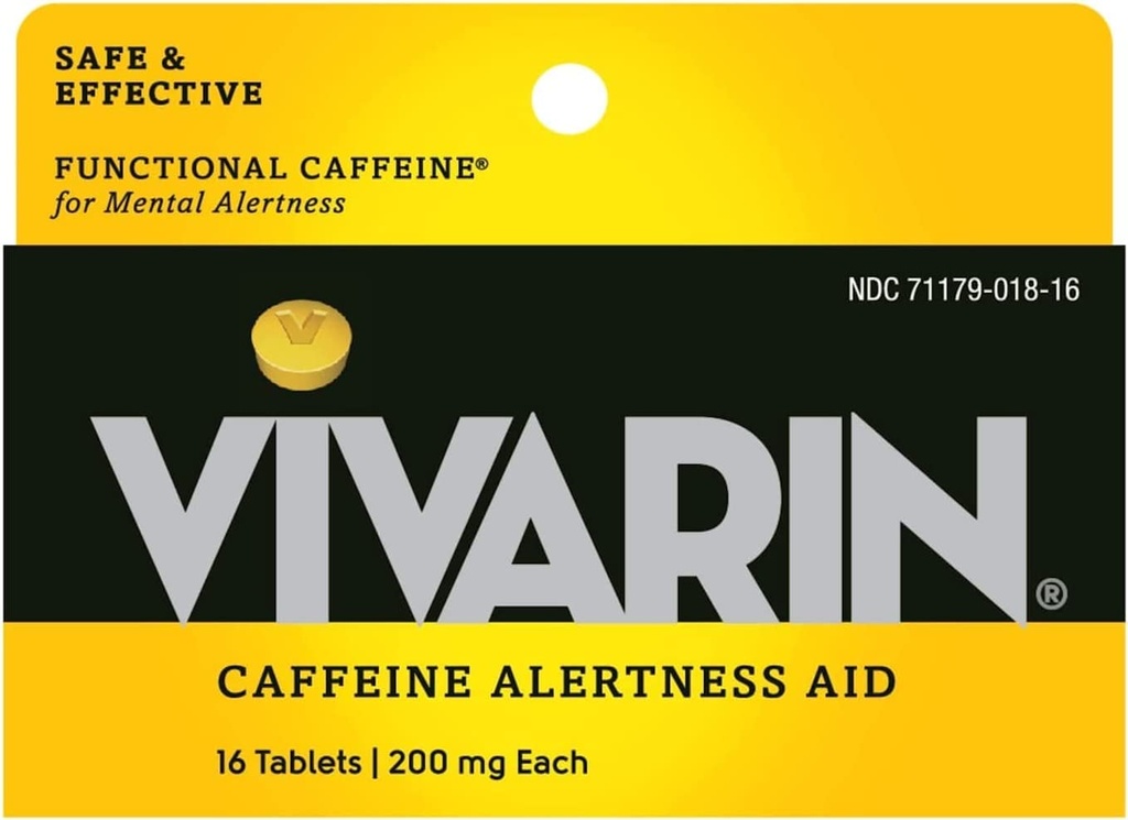 Vivarin, pastile de cofeină, 200 mg Cafeina în fiecare comprimat, în condiții de siguranță și eficient vă ajută să rămâneți treziți, ajutor de alertă, supliment de energie, 16 comprimate - 5 ambalaj