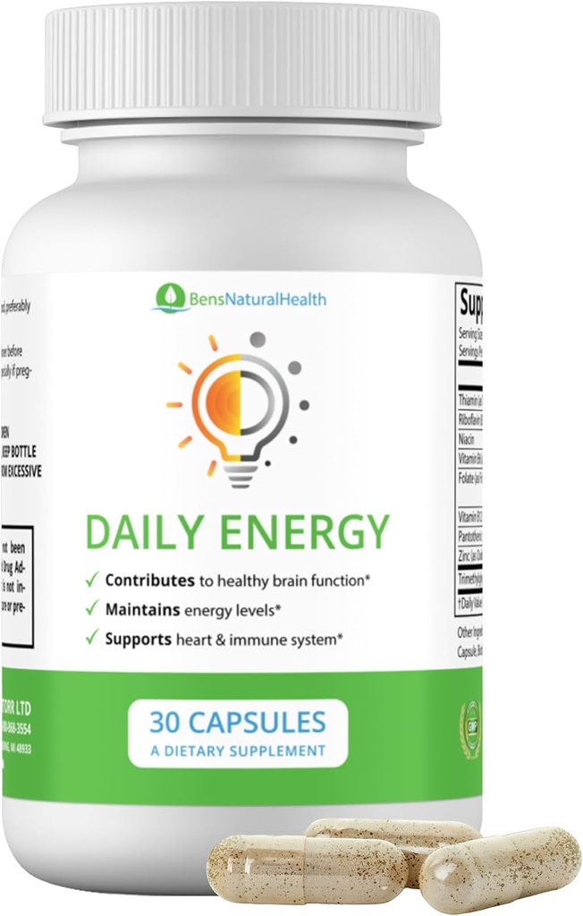 Ben's Natural Health Daily Energy B-Vitamin Complex cu TMG și Zinc pentru Energie Naturală, Stres, Focus & Imune Support, 30 Capsule