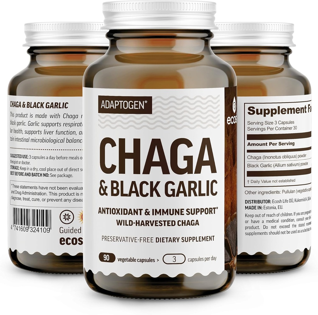 100% capsule negre cu pulbere de usturoi, cu adevărat sălbatice, Chaga Mushroom & Aged Black Usturoi, cu adaos de antioxidant şi de suport imun.