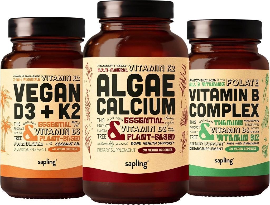 Algae Calciu & Vegan D3 + K2 & Vitamina B Complex Bundle - Supliment de calciu din Algae roșu, 4000 UI vitamina D3 și 100mcg vitamina K2, vitaminele B esențiale